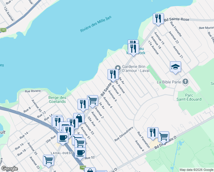map of restaurants, bars, coffee shops, grocery stores, and more near 4775 Boulevard Sainte-Rose in Laval