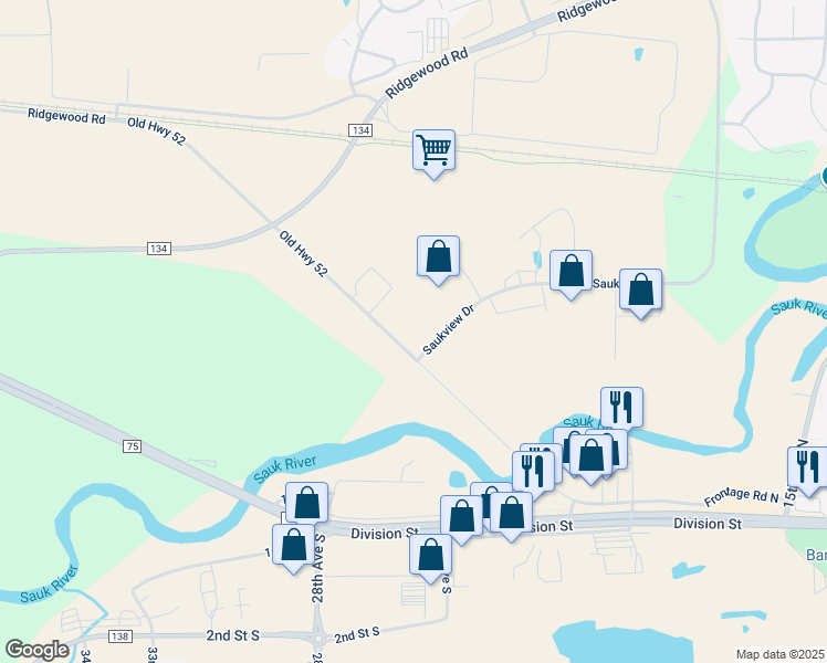 map of restaurants, bars, coffee shops, grocery stores, and more near 6975 Saukview Drive in St. Cloud