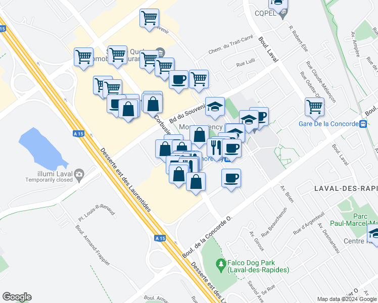 map of restaurants, bars, coffee shops, grocery stores, and more near 1355 Boulevard le Corbusier in Laval