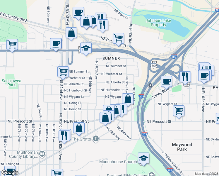 map of restaurants, bars, coffee shops, grocery stores, and more near 5004 Northeast 89th Avenue in Portland