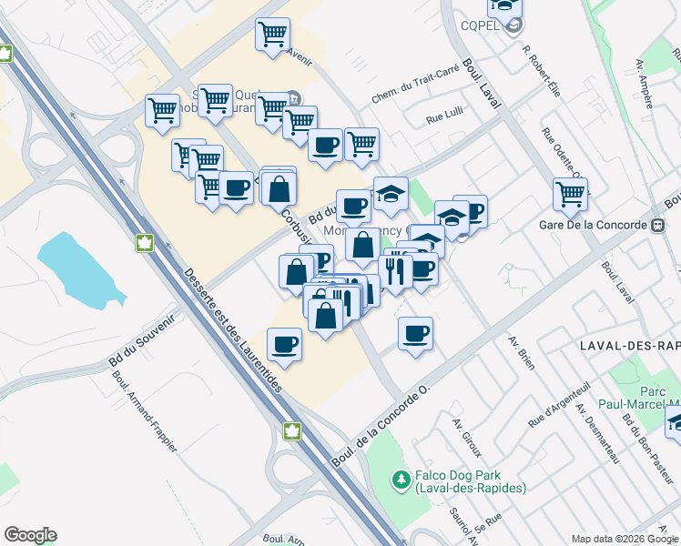 map of restaurants, bars, coffee shops, grocery stores, and more near 1355 Boulevard le Corbusier in Laval
