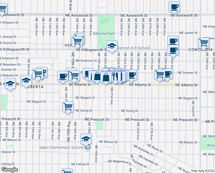 map of restaurants, bars, coffee shops, grocery stores, and more near 5034 Northeast 20th Avenue in Portland