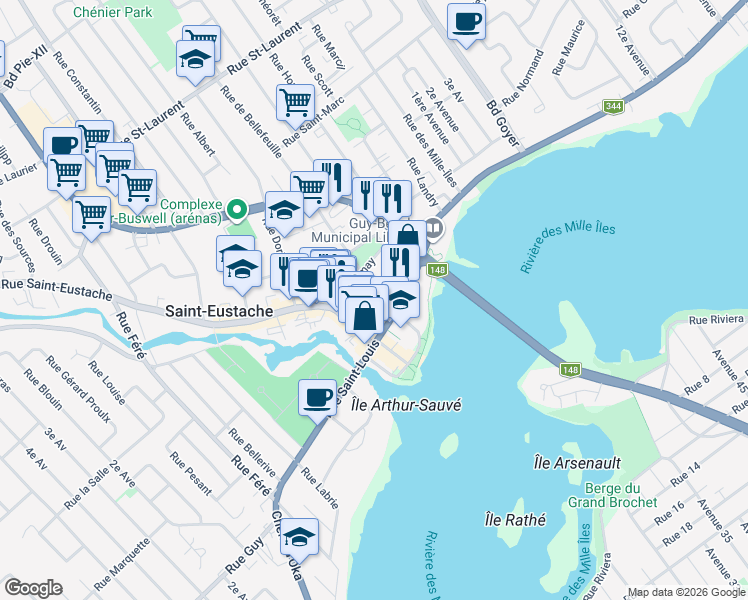 map of restaurants, bars, coffee shops, grocery stores, and more near 30 Rue de Bellefeuille in Saint-Eustache