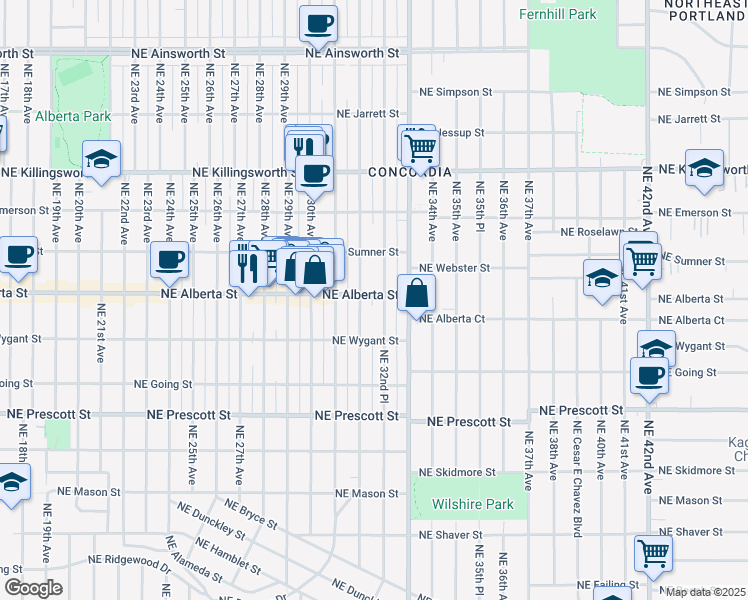 map of restaurants, bars, coffee shops, grocery stores, and more near 3230 Northeast Alberta Street in Portland