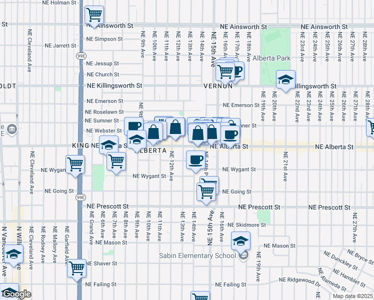 map of restaurants, bars, coffee shops, grocery stores, and more near 4946 Northeast 13th Avenue in Portland