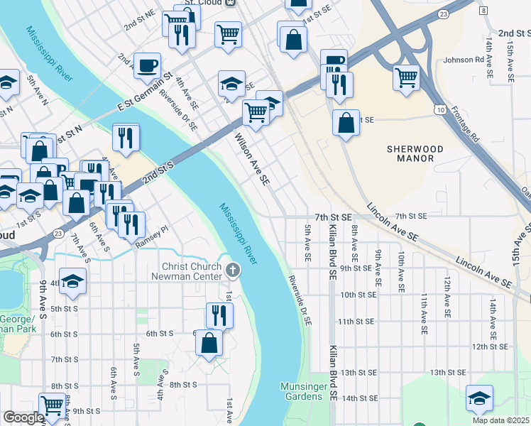 map of restaurants, bars, coffee shops, grocery stores, and more near 524 Riverside Drive Southeast in St. Cloud