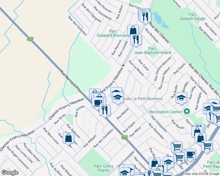 map of restaurants, bars, coffee shops, grocery stores, and more near 103 Boulevard Yvon-L'Heureux Nord in Beloeil