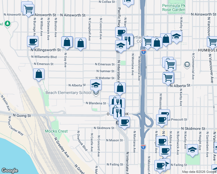 map of restaurants, bars, coffee shops, grocery stores, and more near 1606 North Alberta Street in Portland