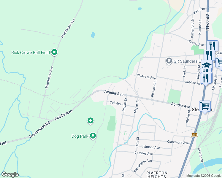 map of restaurants, bars, coffee shops, grocery stores, and more near 27 Brown Row in Stellarton