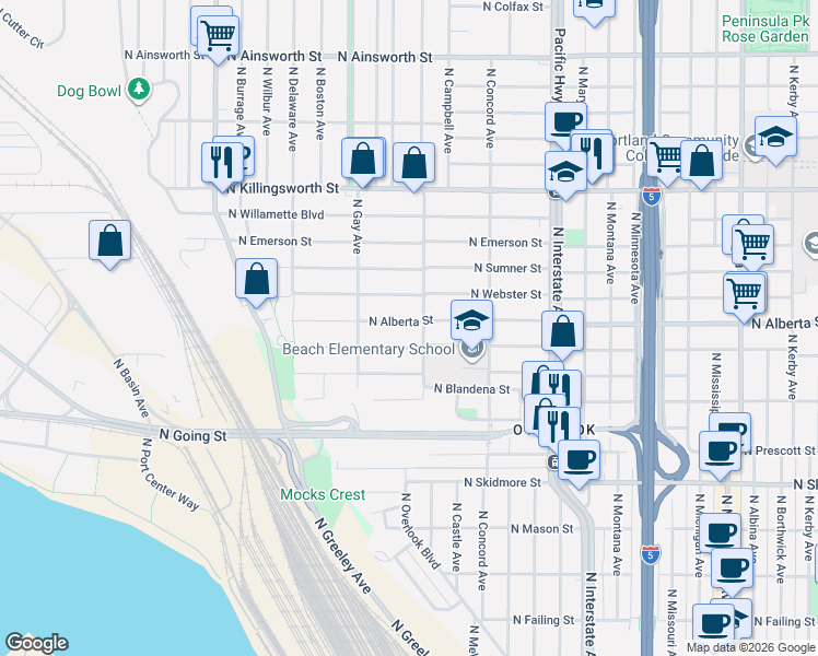 map of restaurants, bars, coffee shops, grocery stores, and more near 2022 North Alberta Street in Portland