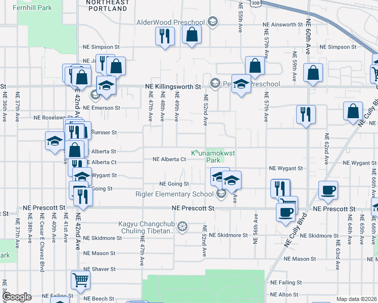map of restaurants, bars, coffee shops, grocery stores, and more near 5034 Northeast 49th Avenue in Portland
