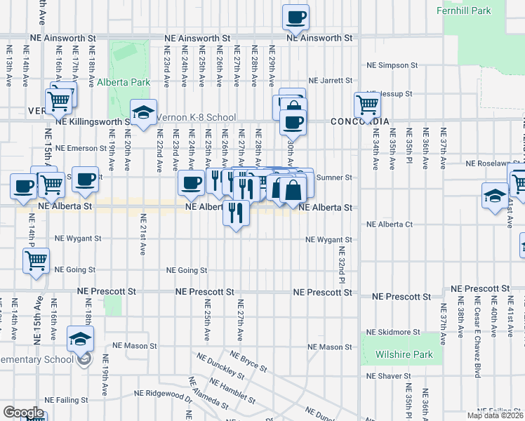 map of restaurants, bars, coffee shops, grocery stores, and more near 5029 Northeast 28th Avenue in Portland