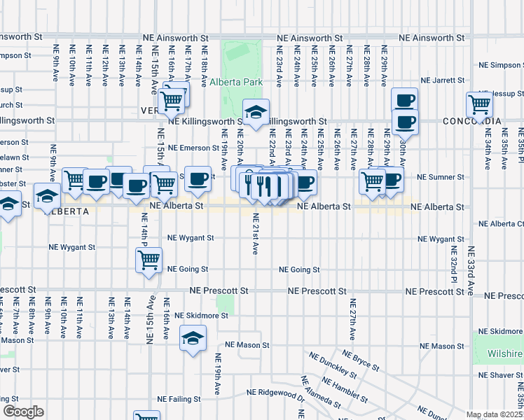 map of restaurants, bars, coffee shops, grocery stores, and more near 2210 Northeast Alberta Street in Portland