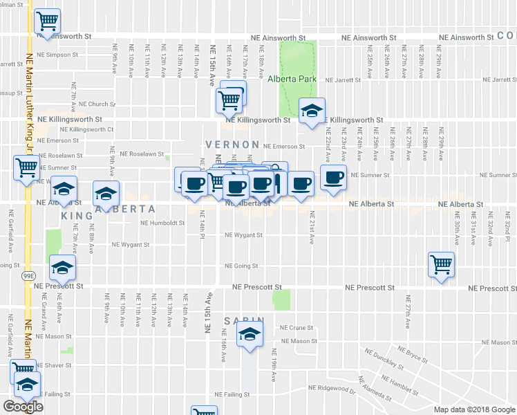 map of restaurants, bars, coffee shops, grocery stores, and more near 5026 Northeast 17th Avenue in Portland