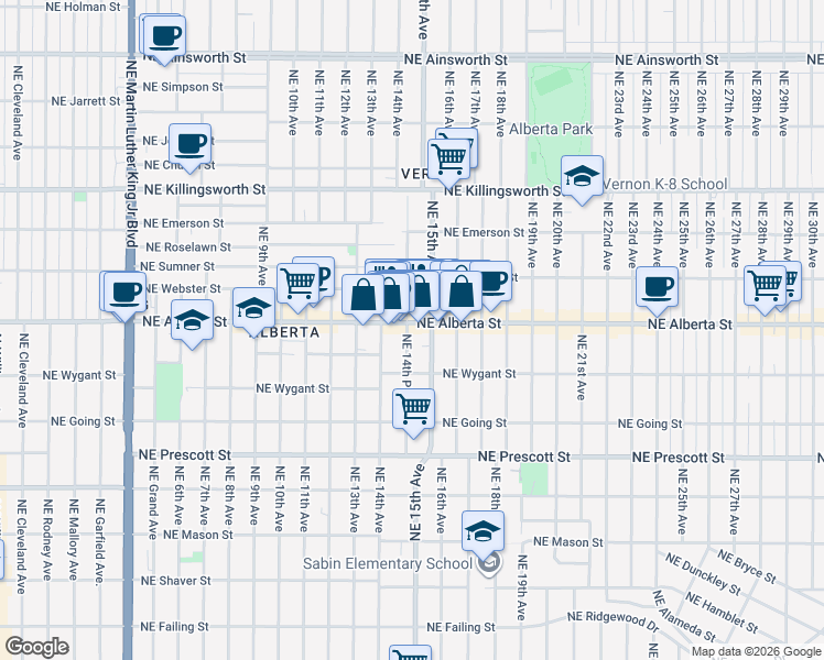 map of restaurants, bars, coffee shops, grocery stores, and more near 5024 Northeast 14th Place in Portland