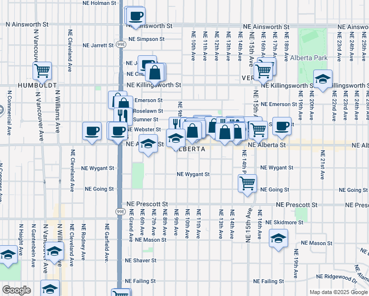 map of restaurants, bars, coffee shops, grocery stores, and more near 931 Northeast Alberta Street in Portland