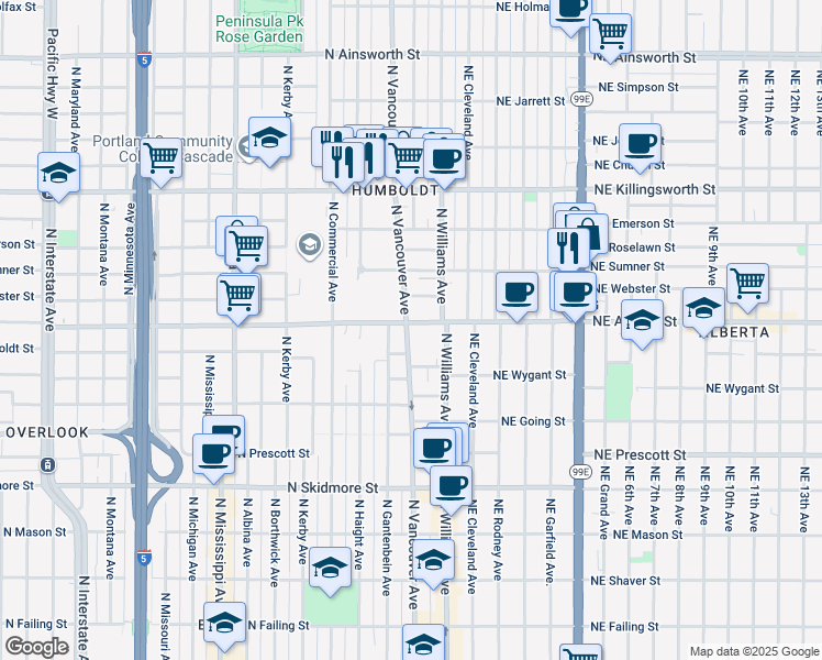 map of restaurants, bars, coffee shops, grocery stores, and more near in Portland