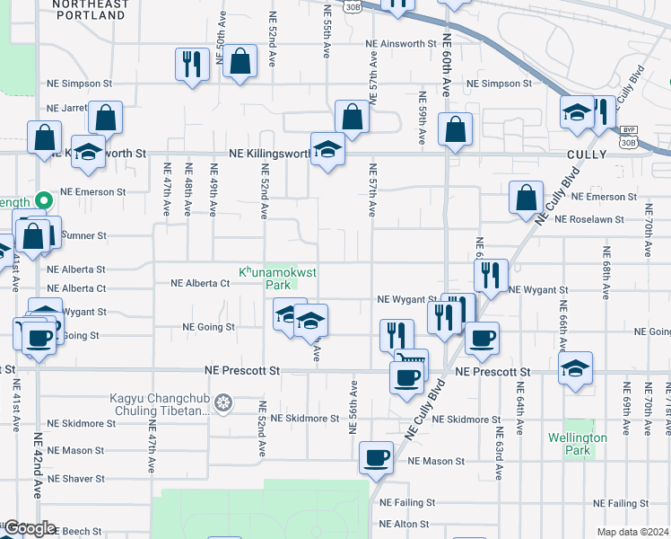 map of restaurants, bars, coffee shops, grocery stores, and more near 5536 Northeast Alberta Street in Portland