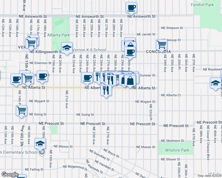 map of restaurants, bars, coffee shops, grocery stores, and more near 2712 Northeast Alberta Street in Portland