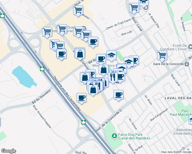 map of restaurants, bars, coffee shops, grocery stores, and more near 1355 Boulevard le Corbusier in Laval