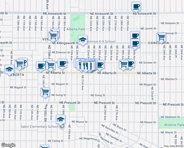 map of restaurants, bars, coffee shops, grocery stores, and more near 2210 Northeast Alberta Street in Portland