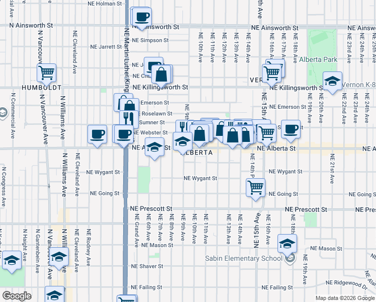 map of restaurants, bars, coffee shops, grocery stores, and more near 4956 Northeast 9th Avenue in Portland