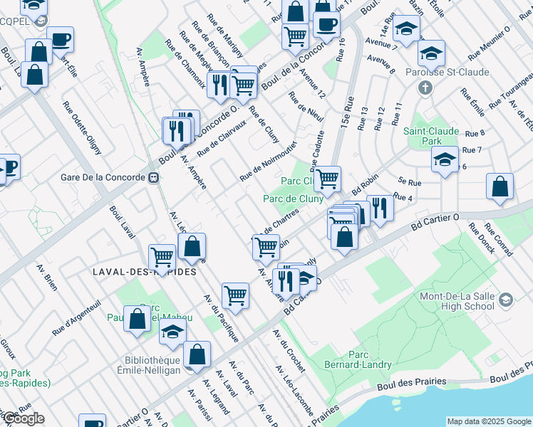 map of restaurants, bars, coffee shops, grocery stores, and more near 495 Rue de Largentière in Laval