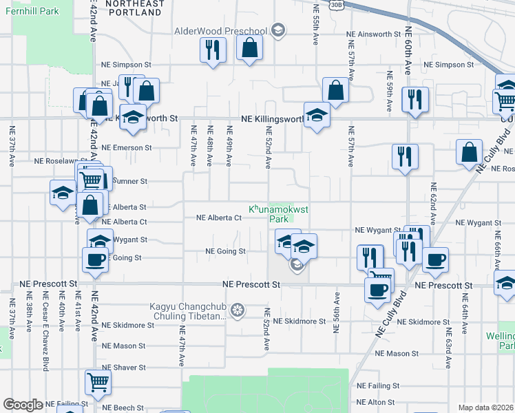 map of restaurants, bars, coffee shops, grocery stores, and more near 5104 Northeast Alberta Street in Portland