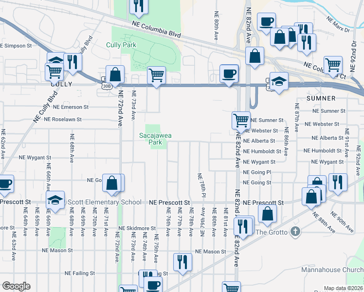 map of restaurants, bars, coffee shops, grocery stores, and more near 4935 Northeast 78th Avenue in Portland