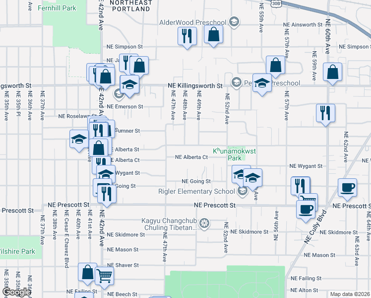 map of restaurants, bars, coffee shops, grocery stores, and more near 5020 Northeast 48th Avenue in Portland