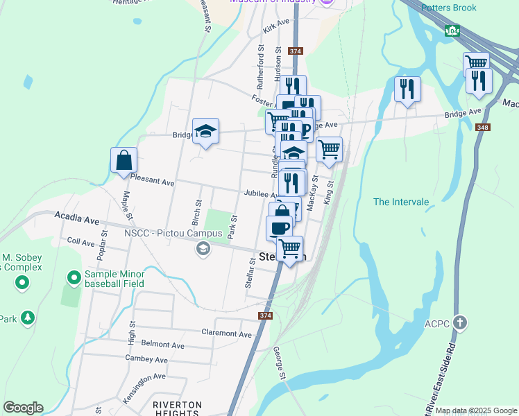 map of restaurants, bars, coffee shops, grocery stores, and more near 102 Stellar Street in Stellarton