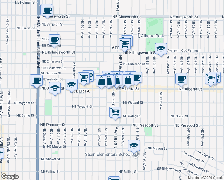 map of restaurants, bars, coffee shops, grocery stores, and more near 1438 Northeast Alberta Street in Portland