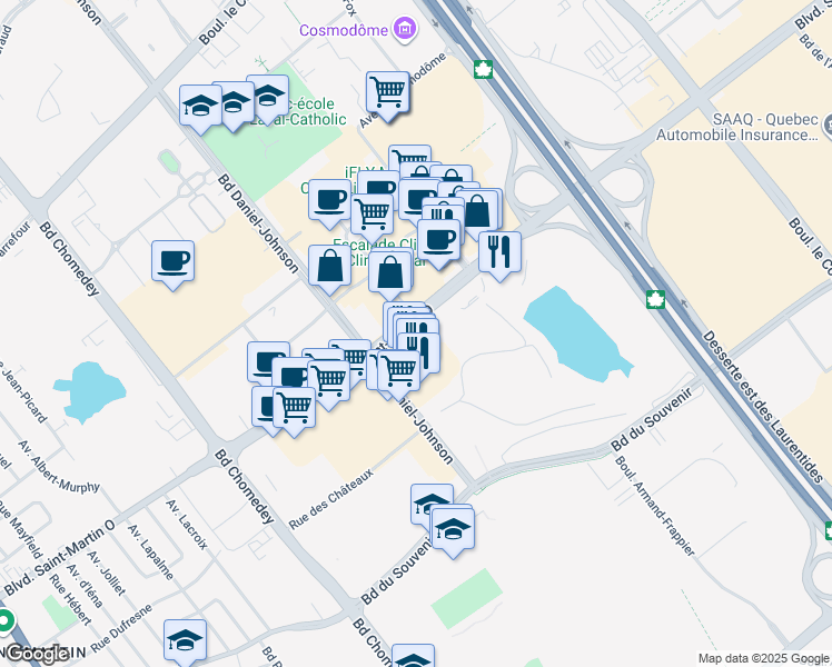 map of restaurants, bars, coffee shops, grocery stores, and more near 526 Boulevard Saint-Martin Ouest in Laval