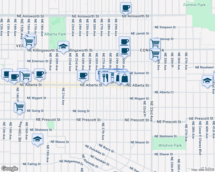 map of restaurants, bars, coffee shops, grocery stores, and more near 2726 Northeast Alberta Street in Portland
