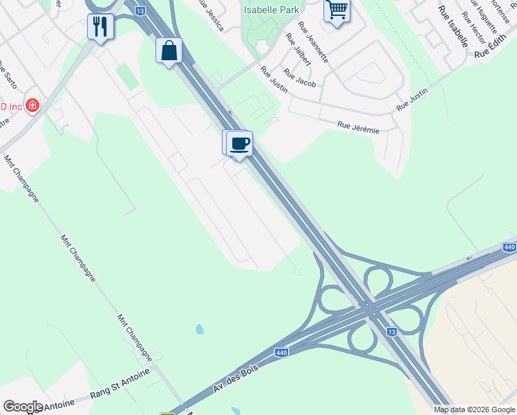 map of restaurants, bars, coffee shops, grocery stores, and more near 2790 Rue Étienne-Lenoir in Laval
