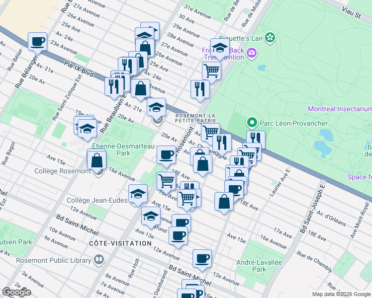 map of restaurants, bars, coffee shops, grocery stores, and more near 5765 Avenue d'Orléans in Montréal
