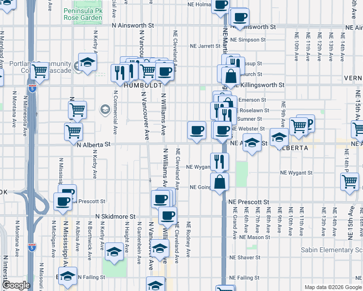 map of restaurants, bars, coffee shops, grocery stores, and more near 5026 Northeast Cleveland Avenue in Portland