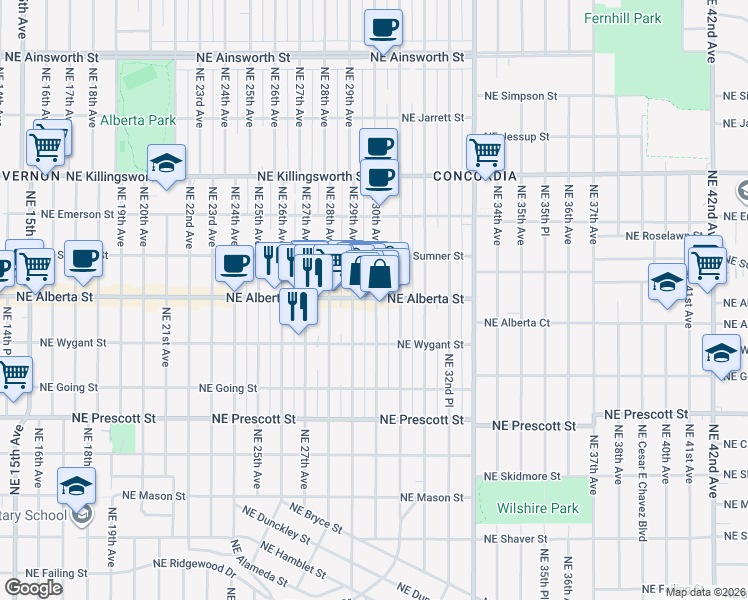 map of restaurants, bars, coffee shops, grocery stores, and more near 5198 Northeast 29th Ave-30th Avenue Alley in Portland