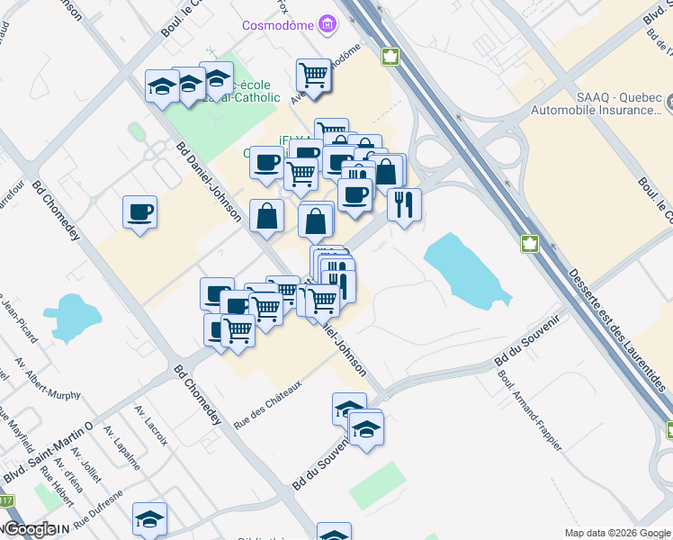 map of restaurants, bars, coffee shops, grocery stores, and more near 2976 Boulevard Saint-Martin Ouest in Laval