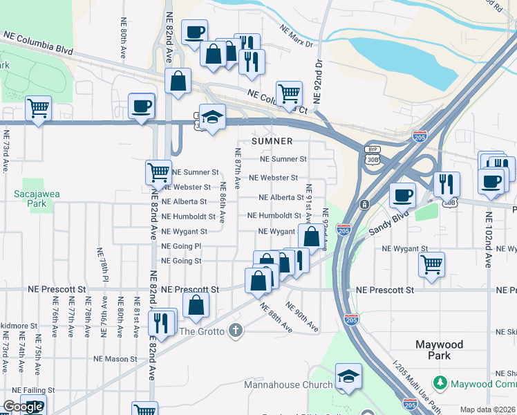map of restaurants, bars, coffee shops, grocery stores, and more near 8737 Northeast Alberta Street in Portland