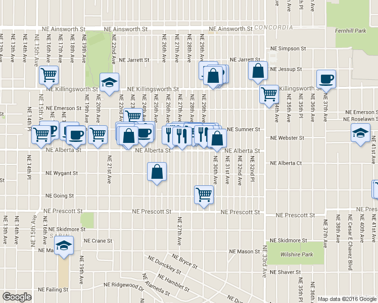 map of restaurants, bars, coffee shops, grocery stores, and more near 5029 Northeast 28th Avenue in Portland