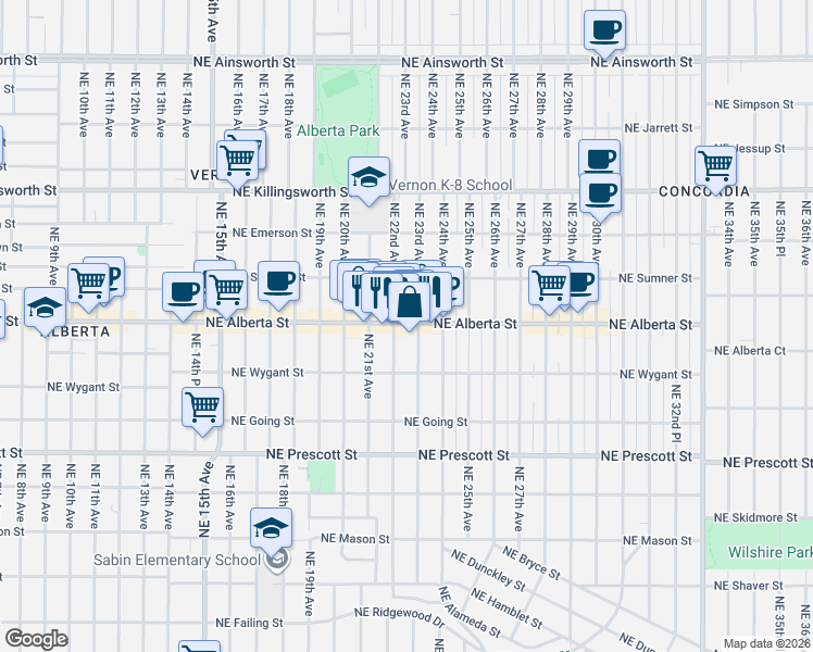 map of restaurants, bars, coffee shops, grocery stores, and more near 2210 Northeast Alberta Street in Portland
