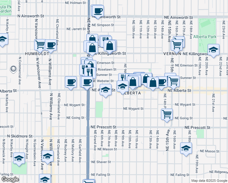 map of restaurants, bars, coffee shops, grocery stores, and more near 5025 Northeast 8th Avenue in Portland