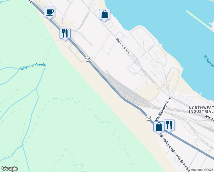 map of restaurants, bars, coffee shops, grocery stores, and more near 5165 Northwest Saint Helens Road in Portland