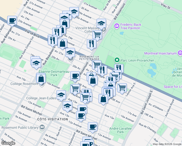 map of restaurants, bars, coffee shops, grocery stores, and more near 5692 Avenue Charlemagne in Montréal