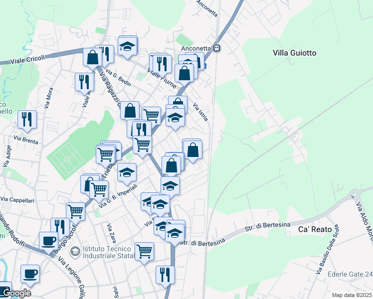 map of restaurants, bars, coffee shops, grocery stores, and more near in Vicenza