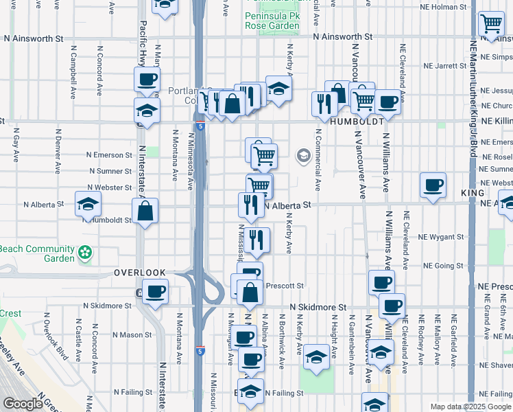 map of restaurants, bars, coffee shops, grocery stores, and more near N Albina Ave & N Alberta St in Portland