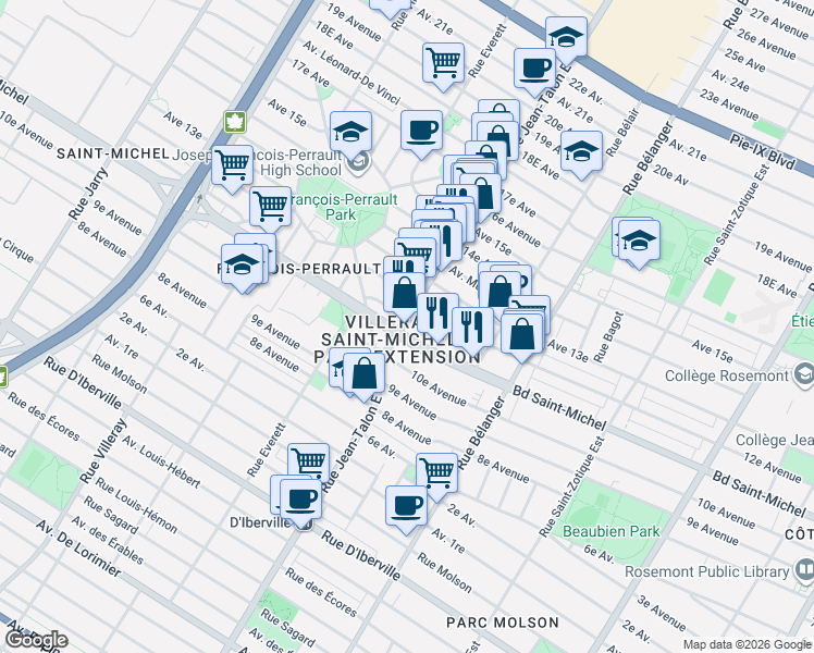 map of restaurants, bars, coffee shops, grocery stores, and more near 3250 Rue Jean-Talon Est in Montréal