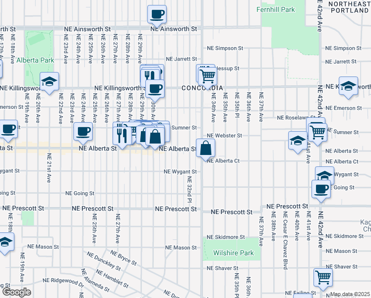 map of restaurants, bars, coffee shops, grocery stores, and more near 3230 Northeast Alberta Street in Portland