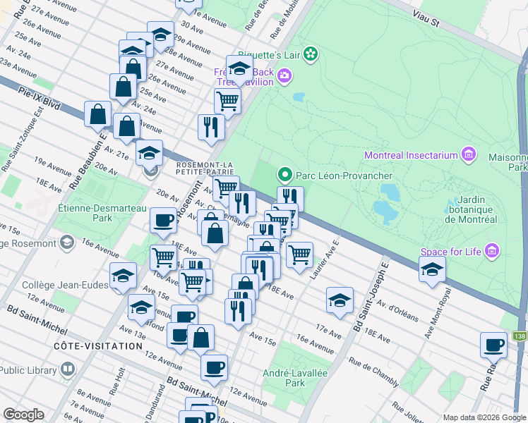 map of restaurants, bars, coffee shops, grocery stores, and more near 5491 Avenue Jeanne-d'Arc in Montréal